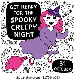 Witch. Happy halloween. Halloween background. Doodle style
