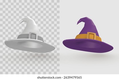 Witch Hat in 3D Cartoon Style Shown in Full Color and Monochrome, Halloween Magic Accessory Ideal for Design Packs and UI Assets. Vector Illustration.