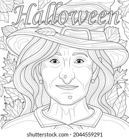 Bruja en un sombrero entre las hojas de otoño. Halloween. Colores libros anti estrés para niños y adultos. Ilustración aislada sobre fondo blanco. Estilo zen-enmarañado. Dibujo manual