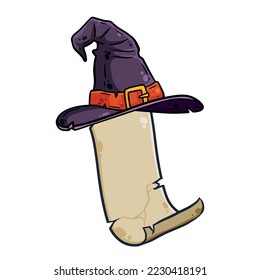 Witch hat and ancient paper scroll. Witchcraft objects set cartoon vector illustration
