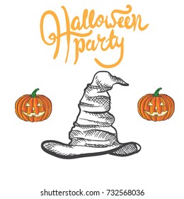 Witch hat and angry smiling pumpkin.halloween design elements and Halloween Party lettering