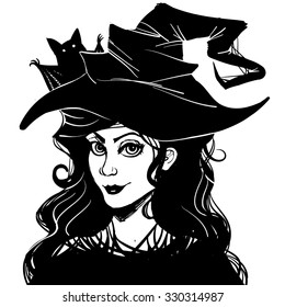 Witch in hat with bat on the background. Curly haired girl. Retro style scetch. Black and white halloween illustration. Vector artwork.