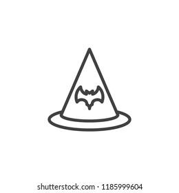 Witch hat with bat outline icon. linear style sign for mobile concept and web design. Halloween simple line vector icon. Symbol, logo illustration. Pixel perfect vector graphics