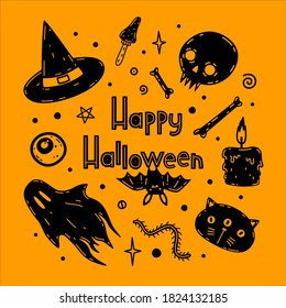 Witch hat, bat, skull and bones, eyeball, ghost, cat vector illustration. Halloween vector set. Collection of halloween attributes and symbols