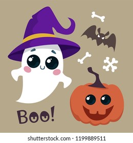 Witch in a witch hat, bats and bones. Boo inscription. Vector illustration. Happy Halloween.