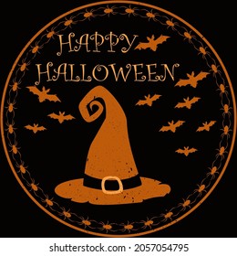 Witch hat and bats on dark background.  Halloween greeting card, stamp. Vector illustration