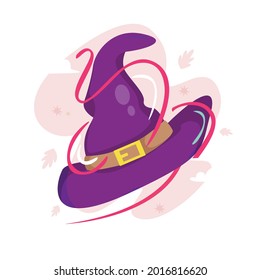 witch hat with belt, Halloween traditional witch hat with strap in  flat style, Sorceress headwear, festive wear for events.Vector illustration.