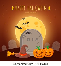 Witch hat and besom on grave. Halloween party background design. Eps 10 vector illustration