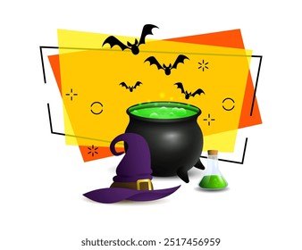 Witch hat, big caldron with potion and flask with poison. Halloween banner design with flying bats on abstract background. Vector illustration can be used for invitations, posters, postcards