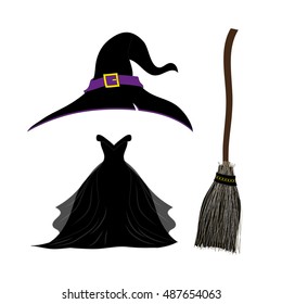 Sombrero de bruja. Vestido negro de bruja. Escoba de brujas. Conjunto de disfraces de Halloween. Ilustración vectorial. aislado sobre fondo blanco