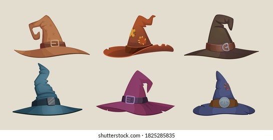 Witch hat. Black female cap scary symbols for halloween party vector clothes collection