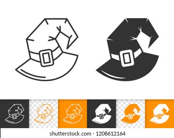 Witch Hat black linear and silhouette icons. Thin line sign of wizard cap. Halloween outline pictogram isolated on white, transparent background. Vector Icon shape. Witch Hat simple symbol closeup