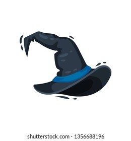 Witch hat with blue ribbon on white background.