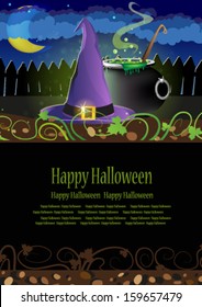Witch hat and boiling cauldron near the fence. 