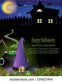 Witch hat and boiling cauldron near the house with glowing windows
