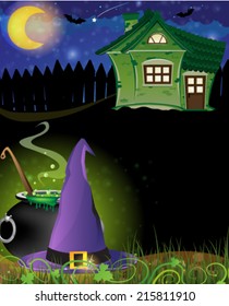 Witch hat and boiling cauldron near the house with glowing windows