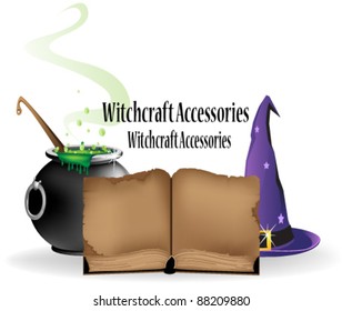 Witch hat, boiling cauldron and old book on a white background