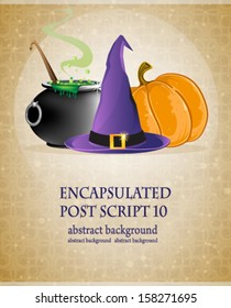 Witch hat, boiling cauldron and pumpkin on a beige background with retro patterns