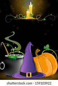 Witch hat, boiling cauldron, pumpkin and burning candles on a dark background