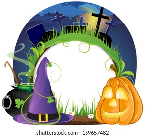 Witch hat, boiling cauldron and pumpkin head on a night cemetery