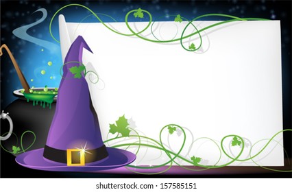 Witch hat, boiling cauldron and sheet of paper on a blue background