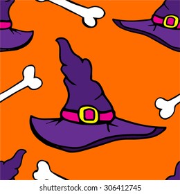 witch hat with bones on orange background seamless pattern