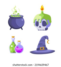 Witch Hat, , Bottle With Potion, Skull Candle, Cauldron . Vector Cartoon Set Of Esoteric Objects, Witchcraft Equipment, Snake, Mushroom, Candle And Scroll With Spell