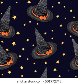 Witch hat with a bow. Starry Sky. Magical night. Seamless patern.