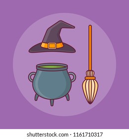 Witch hat, bowler and broom flat line icon. Halloween elements.