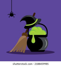 Witch hat, bowler and broom. Halloween elements. Witch items collection. Web banner template for a Halloween sale with a cauldron of a boiling green witch potion and a broom.