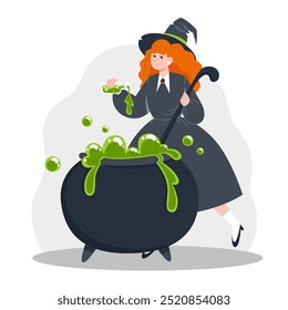 Witch in Hat Brewing Green Poisonous Potion in Cauldron