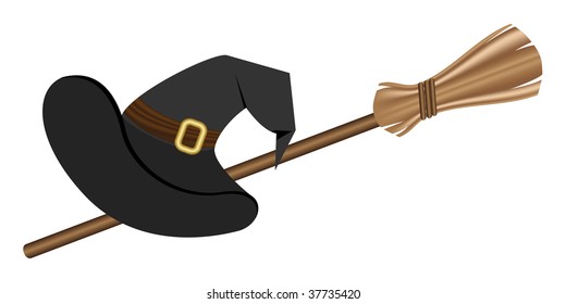 Witch hat and a broom, can represent concepts like witches, halloween. Vector illustration.