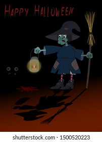 a witch with a hat and a broom carries a lantern in her hand and illuminates her path in the dark and sees blood on the floor. And next two monster eyes shine. Halloween illustration.