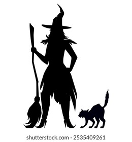 Witch in hat with broom and cat black Halloween silhouette icon vector flat illustration. Magical woman sorcerer with broomstick evil carnival character midnight mystical character with feline