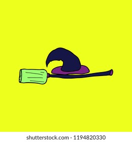 Witch hat and broom, colorful scary Halloween illustration. Vector