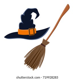 Witch hat and broom, colorful scary Halloween illustration. Vector