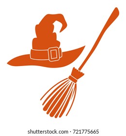 Witch Hat And Broom, Colorful Scary Halloween Illustration. Vector