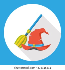 witch hat and broom flat icon