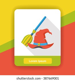witch hat and broom flat icon