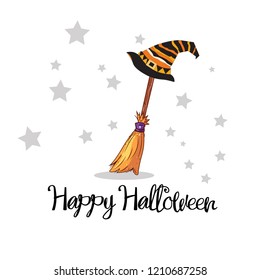 Witch hat and broom Halloween party printable card or poster, vector illustration