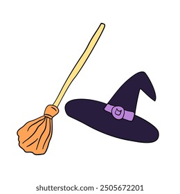Witch Hat and Broom Halloween Set Hand drawn style
