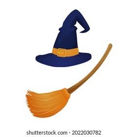 Witch hat with broom, magic elements in cartoon stele isolated on white background. Wizard equipment, fantasy costume. Halloween scary items.