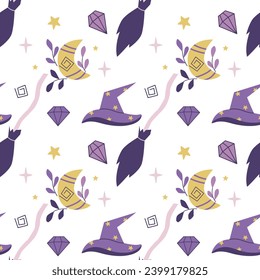 El sombrero de bruja y la escoba mágicos patrones sin costura. Símbolos de brujería y fondo de magia. Luna dibujada a mano, cristales, sombrero mágico y estrellas, impresos para textiles, papel, envasado y diseño, vector
