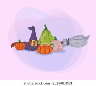 Witch hat and broom, pumpkins and bowl in shape of pumpkin with hot drink on abstract background. Halloween banner design. Celebration, holiday concept. Vector illustration for invitation or poster