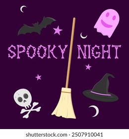Witch hat, broom, skull and bones;  Halloween set