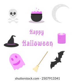 Witch hat, broom, skull and crossbones, bat, potion cauldron, candle for Halloween