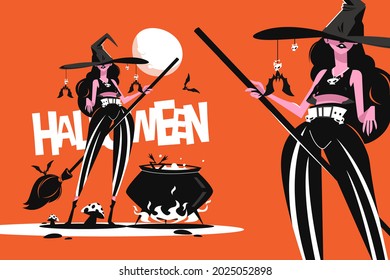 Witch in hat with broom vector illustration. Boiler and creepy atmosphere flat style. Full moon and autumn halloween holiday concept. Isolated on orange background