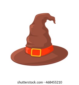 Witch hat with buckle. Halloween witchcraft symbol isolated on white. Vector illustration.