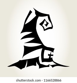 Witch hat with buckle. Hand drawn Halloween celebration design element symbol. Vector illustration in black isolated over white.
