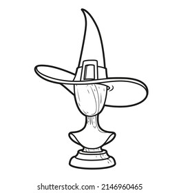 Witch hat with a buckle on a wooden stand in the shape of a head outlined for coloring page on white background